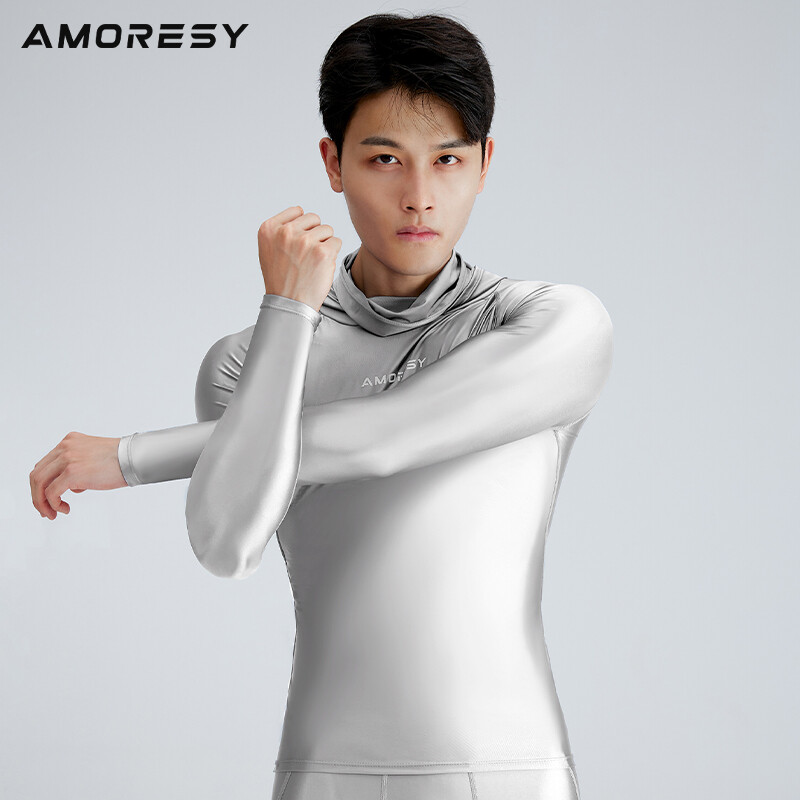 AMORESY Men Glossy Hooded Sunscreen T-shirt High Neck Long Sleeve Running Shirts gallery