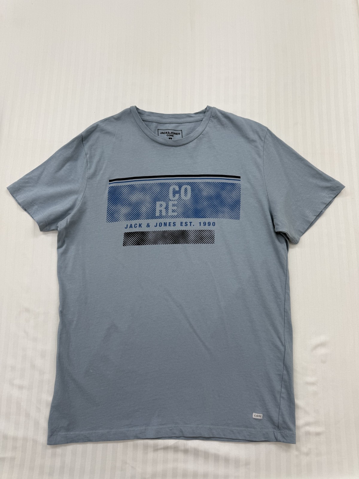 Jack & Jones Blue Striped Graphic T Shirt S 100% Cotton Crew Neck