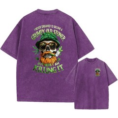 Vintage Oversized Washed Tee,Skull Grumpy Old Stoner Print Unisex Casual T-Shirt