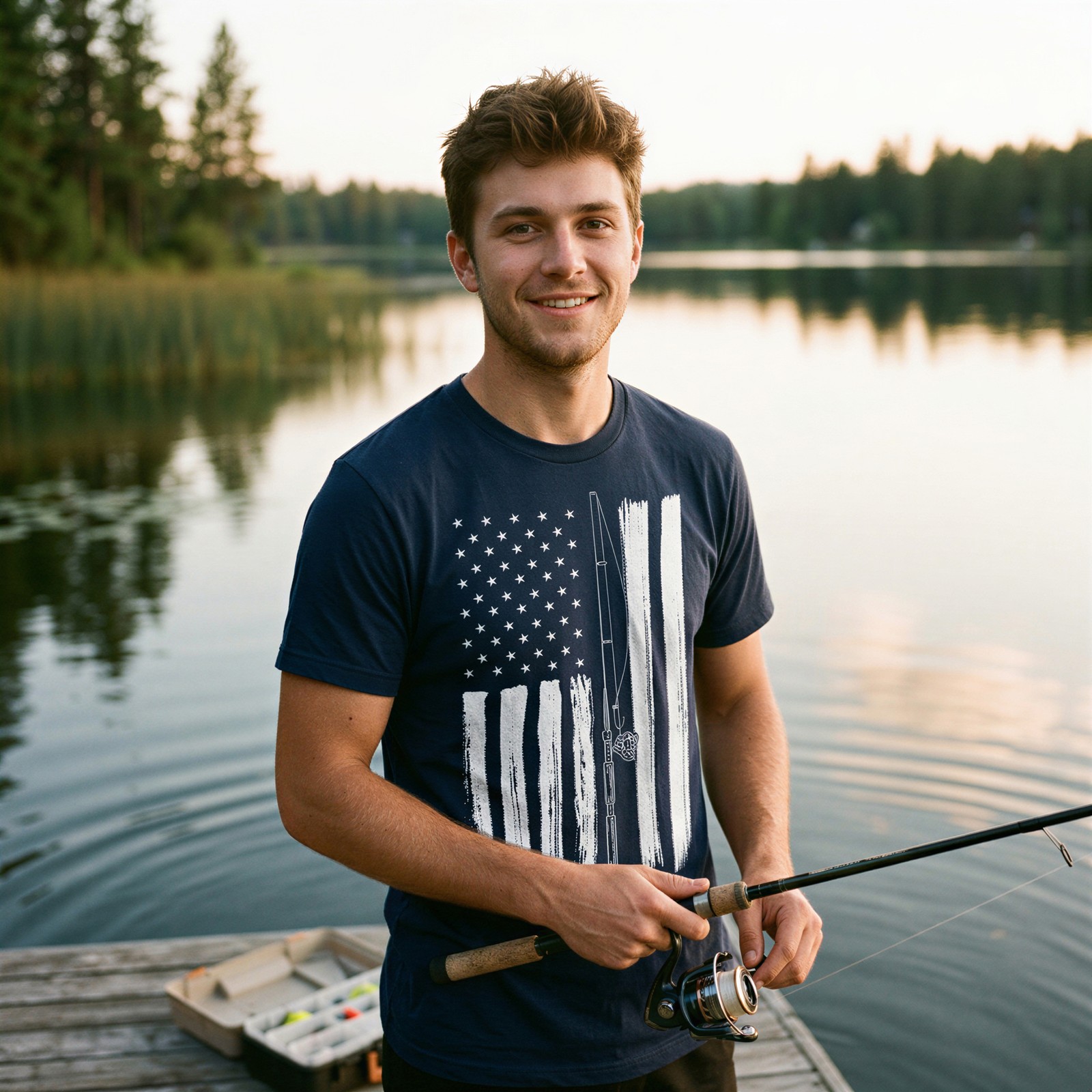 Mens Funny T Shirts USA Flag Fishing Pole Awesome American Fish Tee For Men gallery