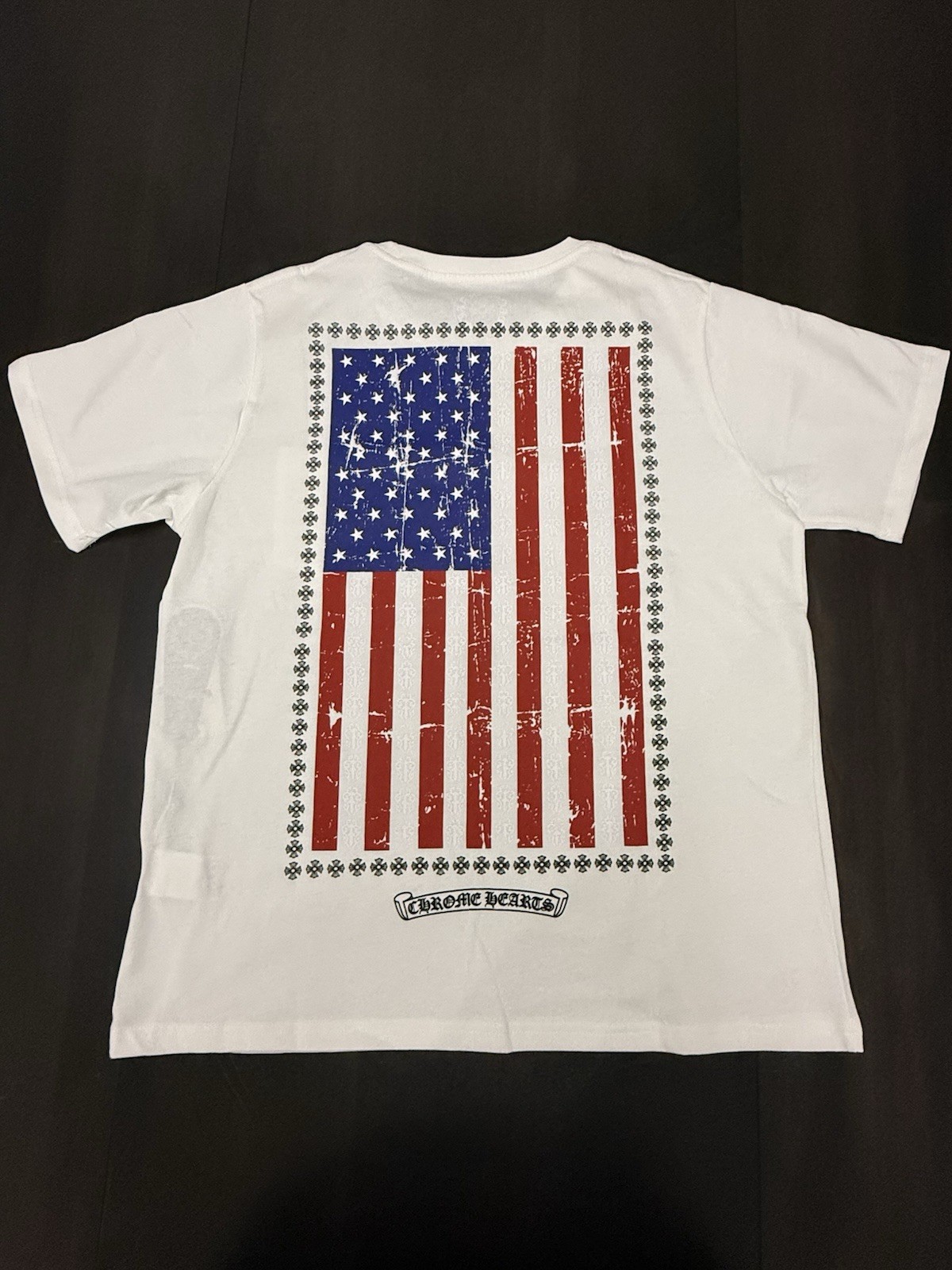 Chrome Hearts White Tee with Distressed Red & Blue Flag gallery
