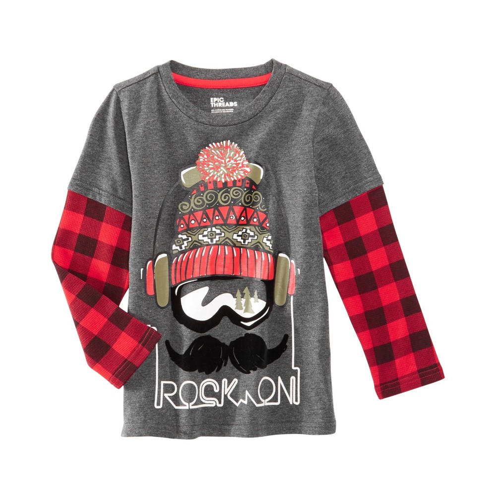 Epic Threads Boys 3T Long Sleeve T-Shirt Gray Plaid Graphic Rock On Crew Neck