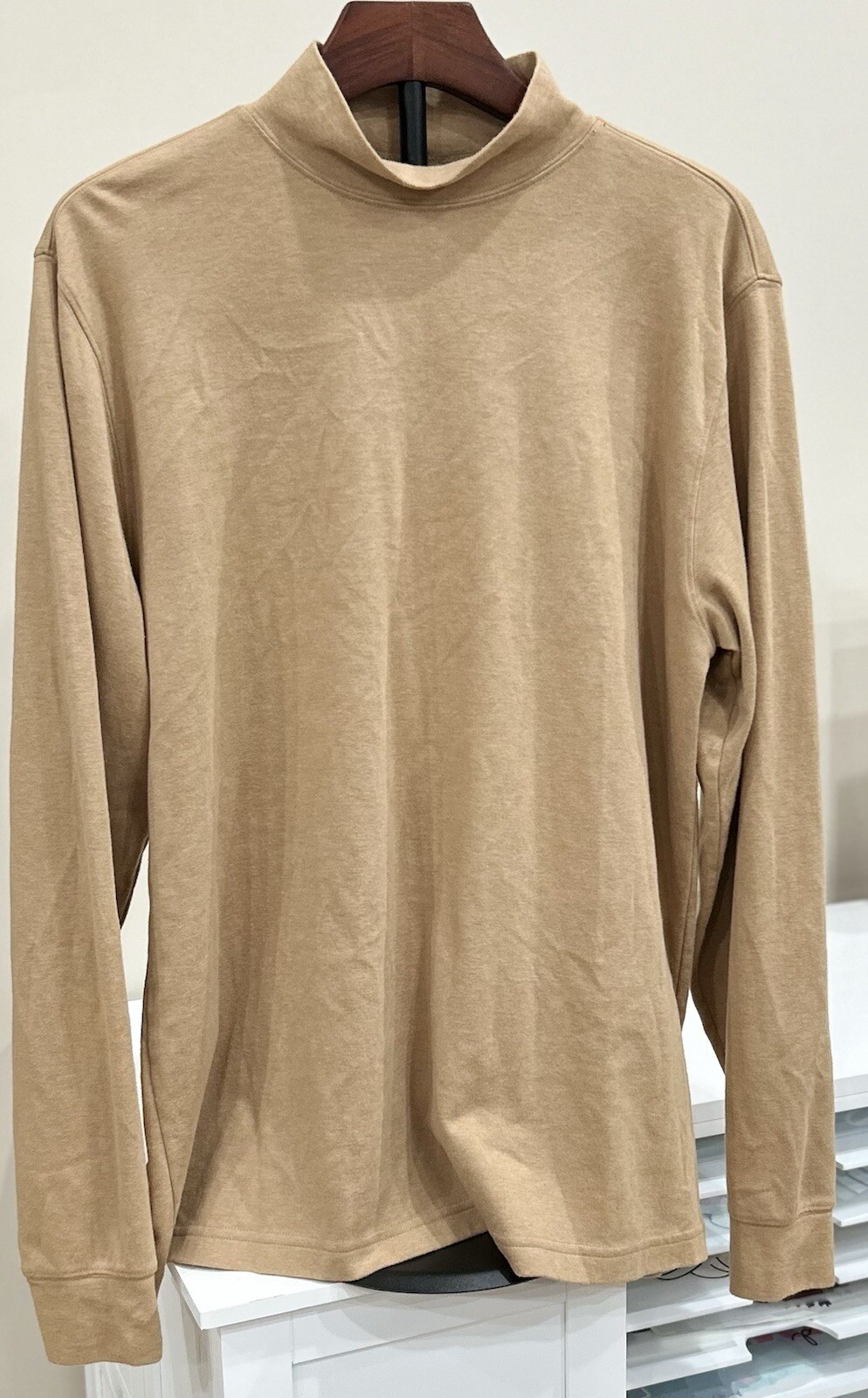 LANDS’ END Men’s Shirt Large (42-44) Camel High Neck Long Sleeve 100% Baumwolle