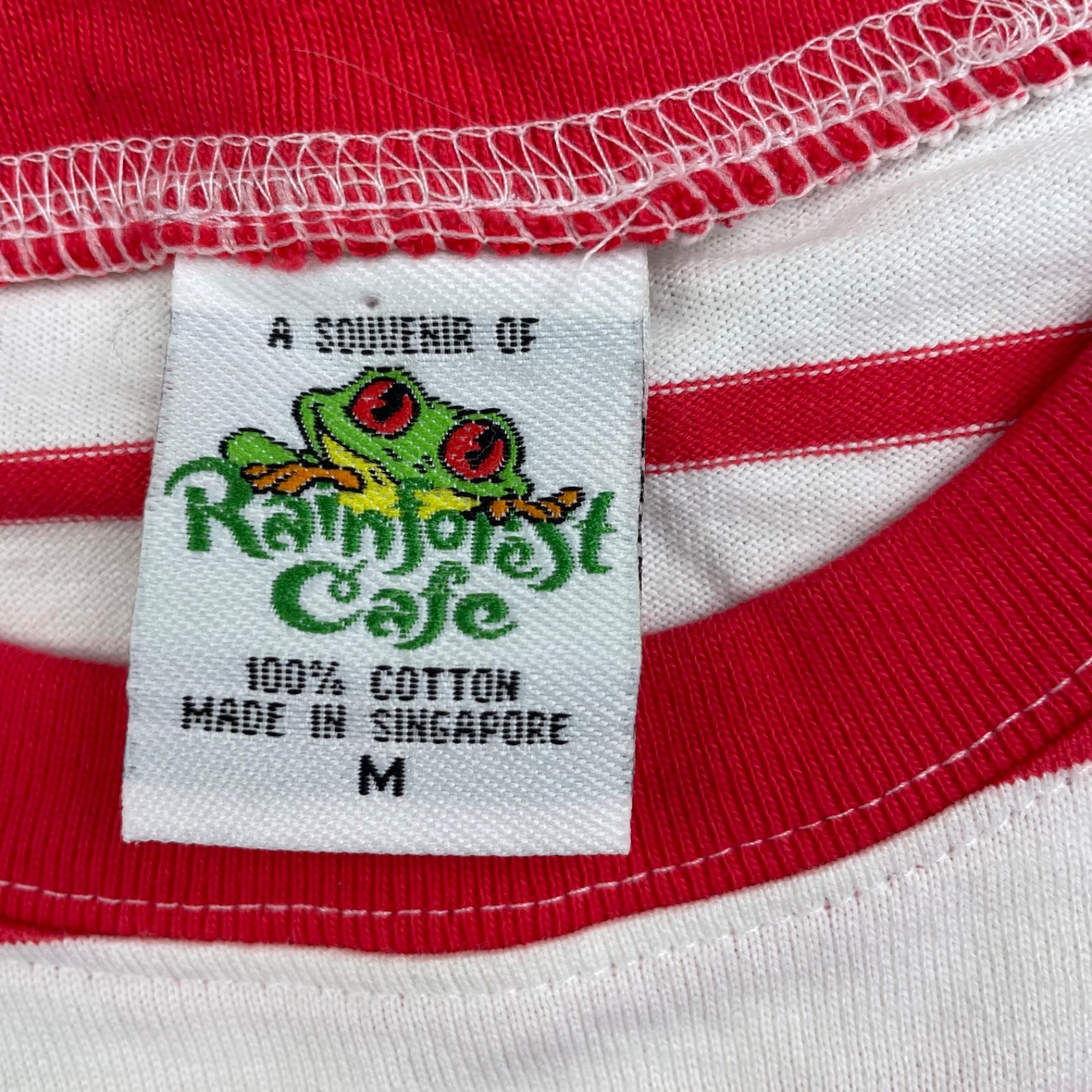 VTG Rainforest Cafe Men's Embroidered Frogs T-Shirt Red/White Stripe • Medium gallery