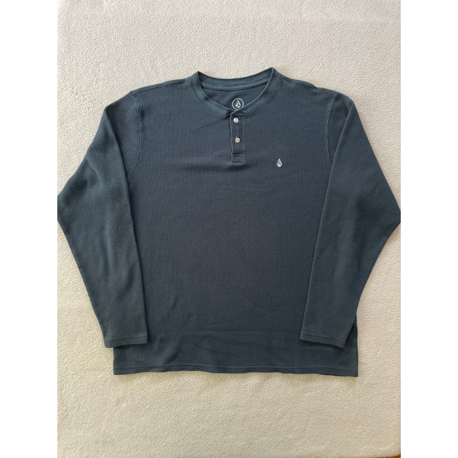 Volcom Mens Extra Large Henley Shirt Charcoal Grey Waffle Knit Long Sleeve
