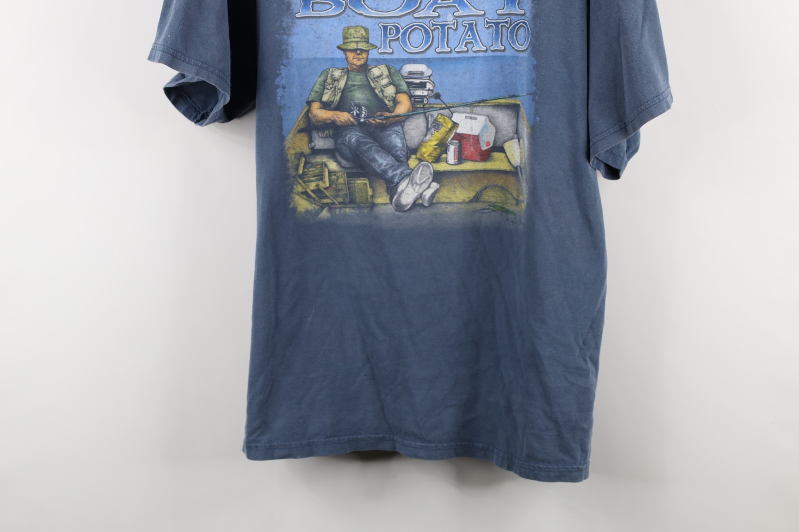 Vintage 90s Y2K Mens XL Distressed Boat Potato Fishing Fisherman T-Shirt Blue gallery