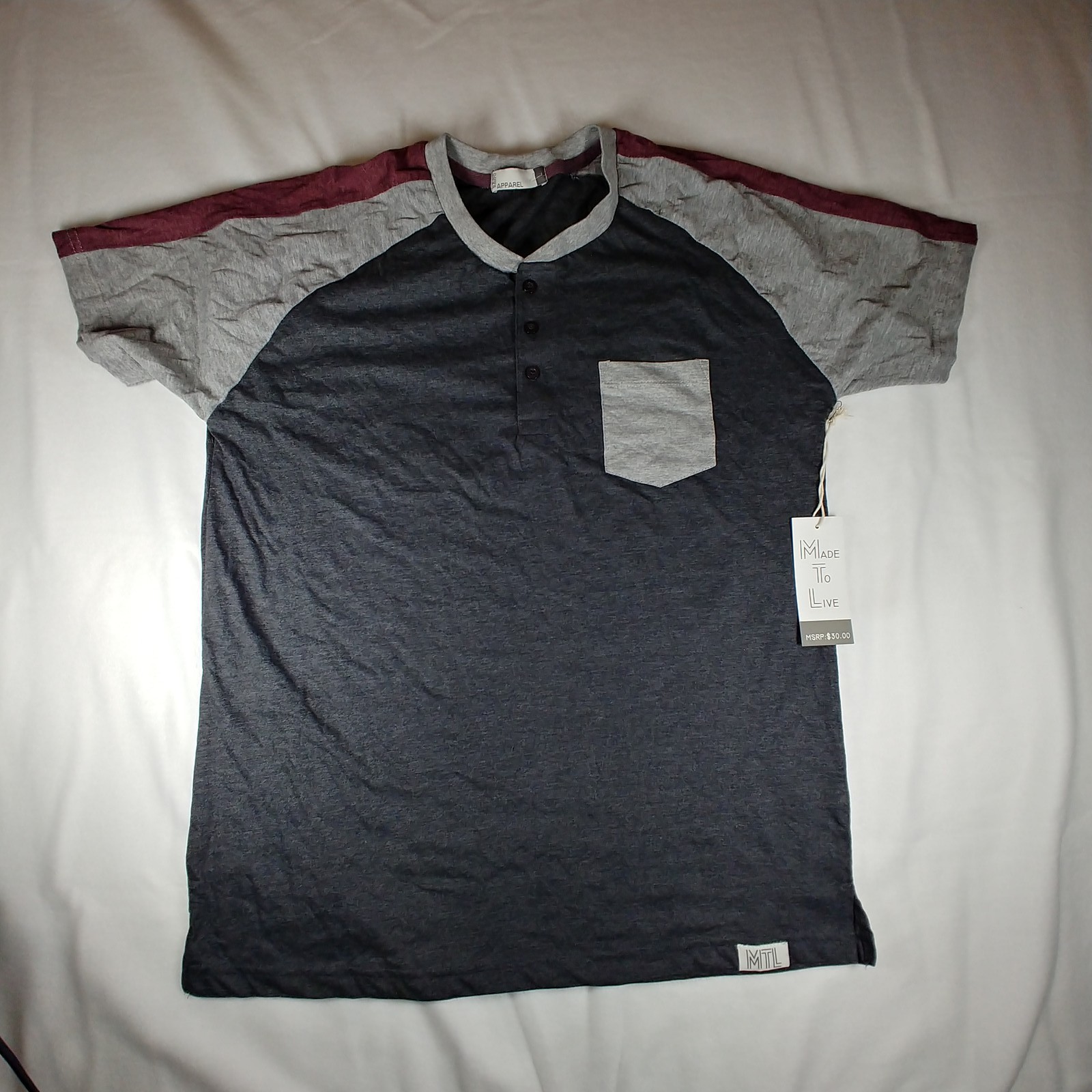 MTL APPAREL Men's Colorblock Raglan Henley T-Shirt Gray Burgundy Size L New NWT gallery
