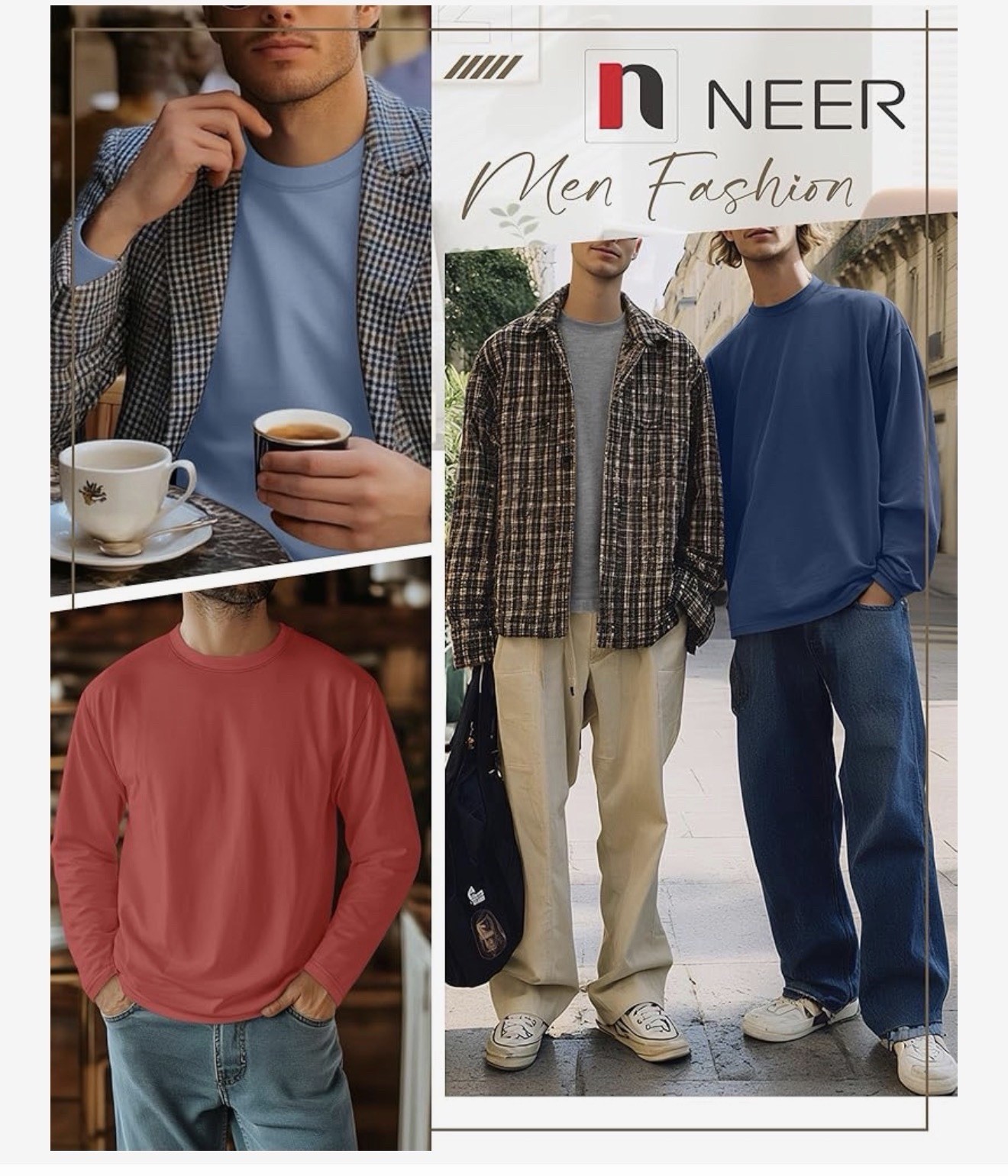 NEER Men's XL Long Sleeve Cotton Crew Neck Solid T-Shirt Gray Blue Red gallery