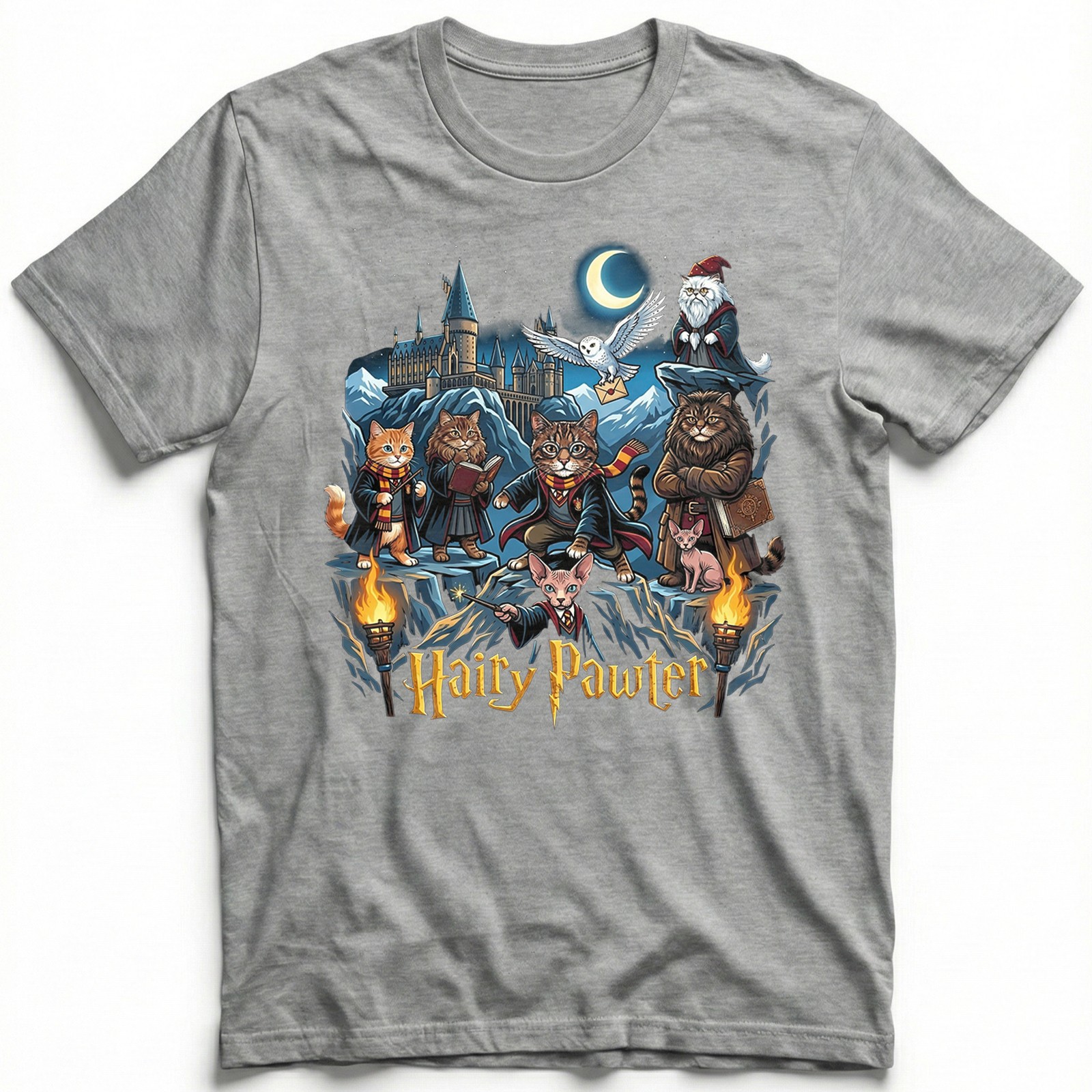 Hairy Pawter Wizard Magic Cat t-shirt Hogwarts Castle Kitten Owl Fantasy tee gallery