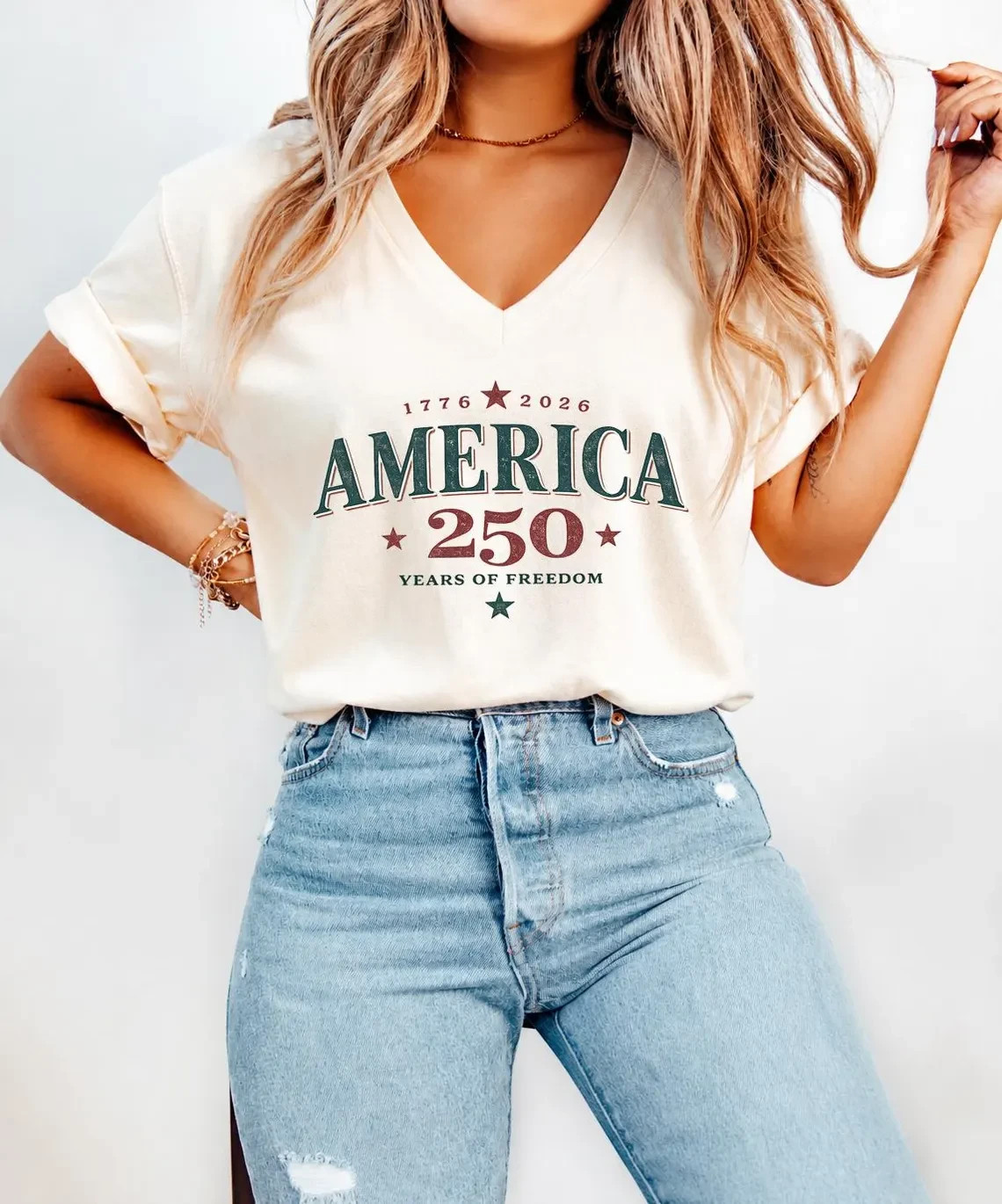 250th Anniversary of The United States Bella Canvas V-Neck Tee, USA Independence