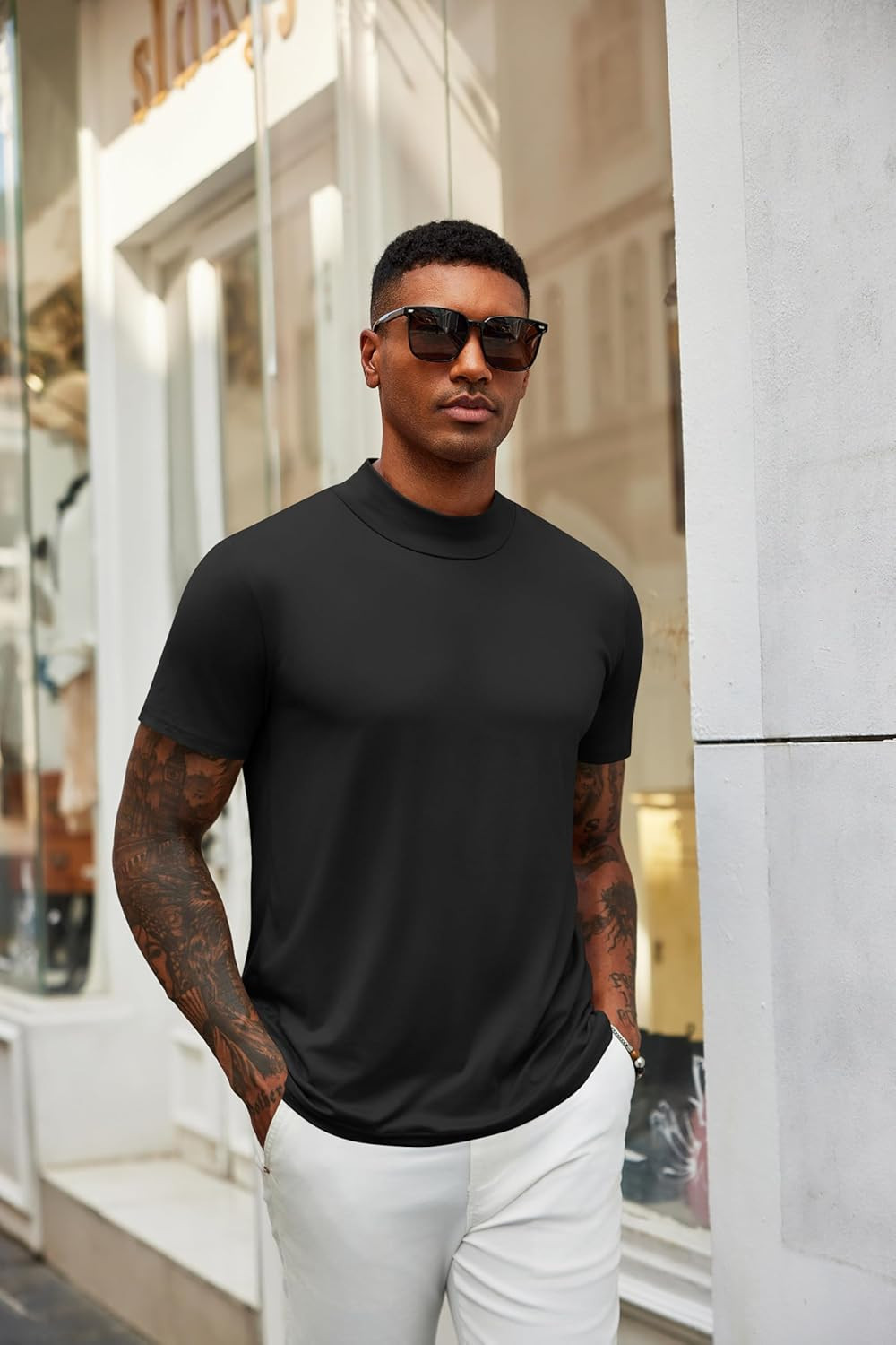 Men'S Mock Neck T Shirt Short Sleeve Slim Fit Basic Casual T-Shirts Solid Color gallery