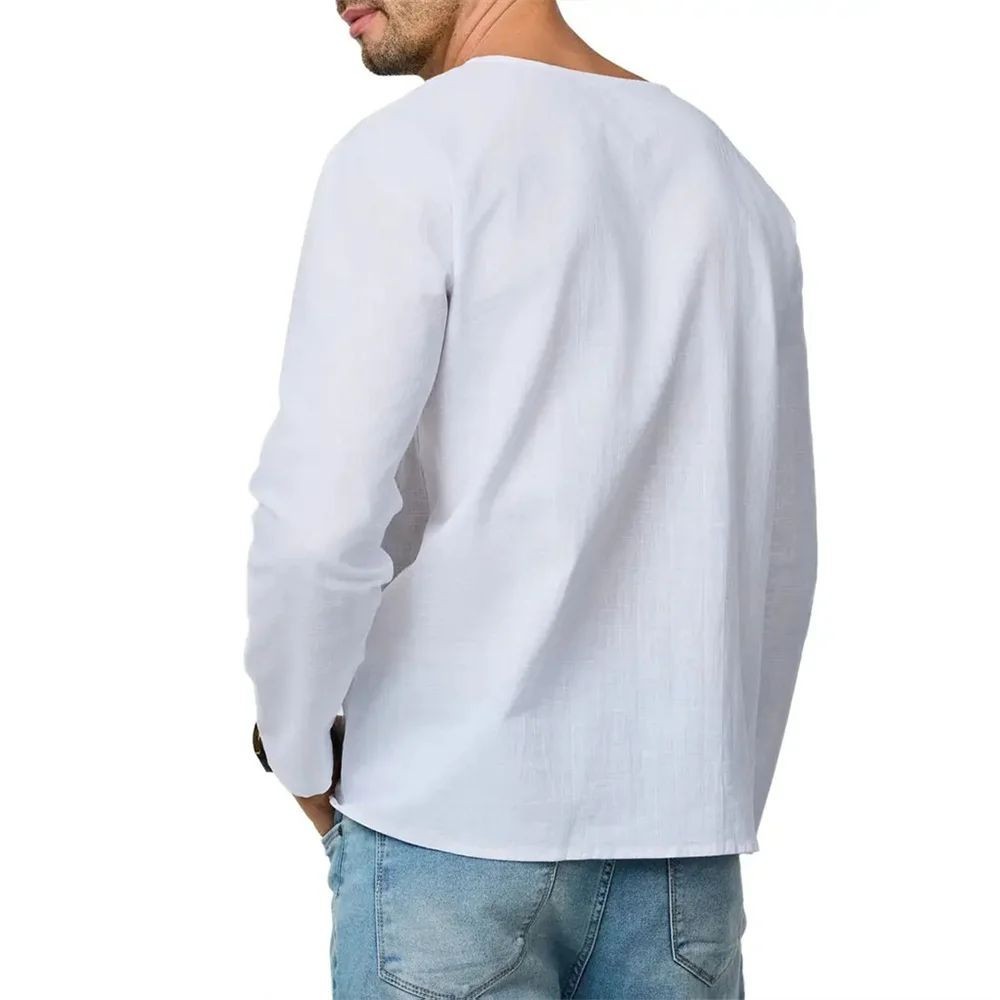 Men's Cotton Linen V Neck Shirt Long Sleeve Casual Lightweight Tee gallery