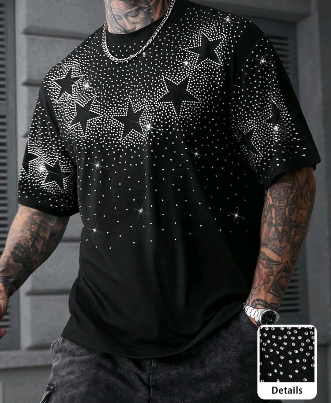 New Men Luxury Diamond Star Rhinestones Fashion Black T-Shirt High Quality gallery