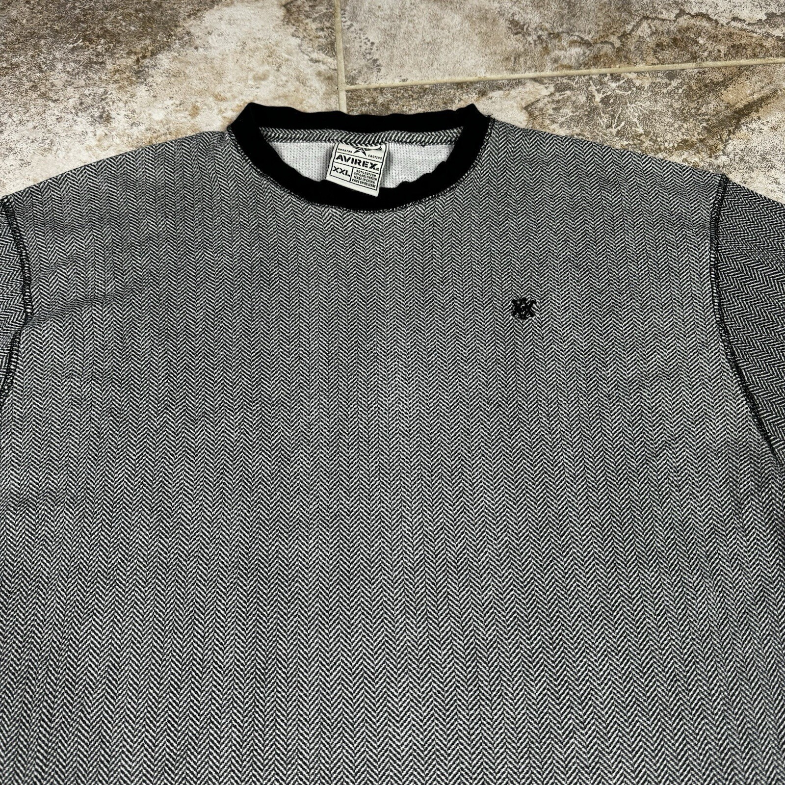 Avirex Herringbone Crew Neck Long Sleeve T Shirt Gray Black XXL Mens gallery
