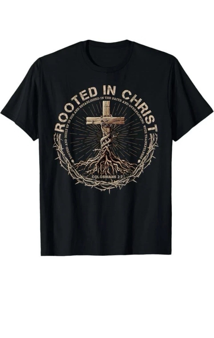 Men's Black Rooted in Christ Christian Graphic Print Crew Neck T-Shirt L gallery