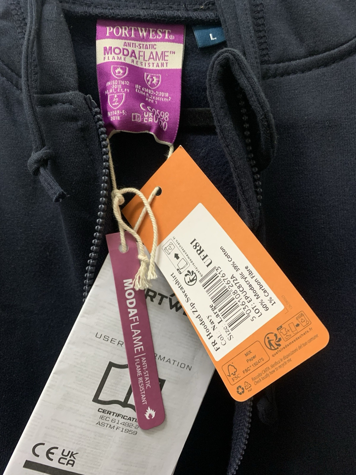 SIZE LARGE.Portwest UFR81 - FR Zipper Front Hooded Sweatshirt Navy gallery