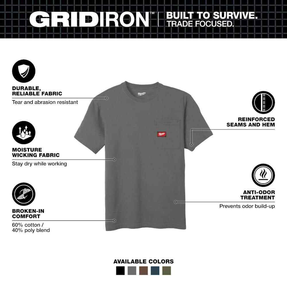 Milwaukee Men's Large Gray GRIDIRON Cotton/Polyester Short-Sleeve Pocket T-Shirt gallery