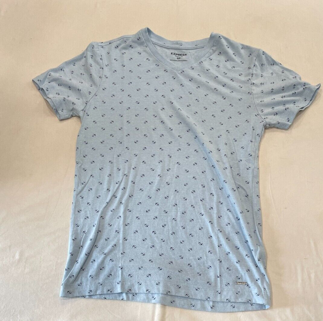 Blue Express Pattern V-Neck Short Sleeve T-shirt Size S