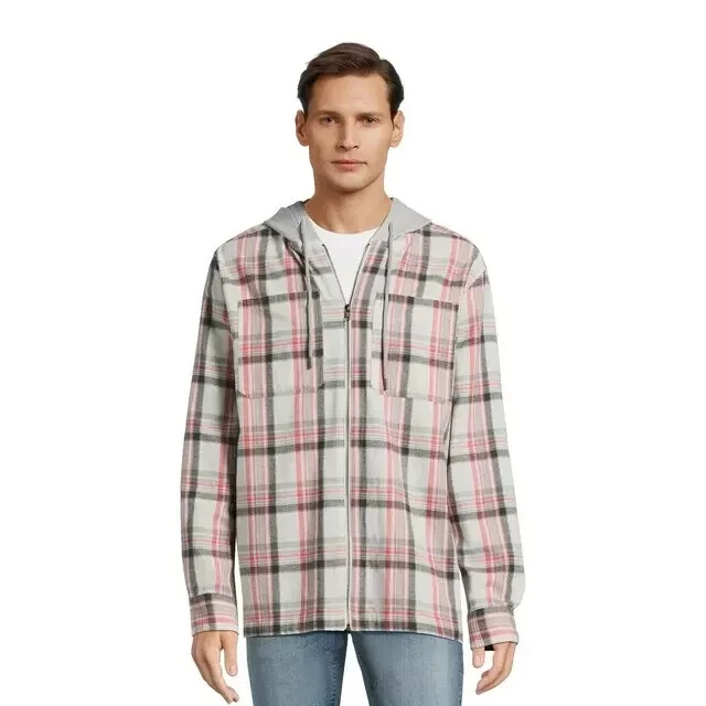 NWT No Boundaries Men’s S 34-36 Zip Hooded Gray Plaid Lightweight Flannel Shirt gallery
