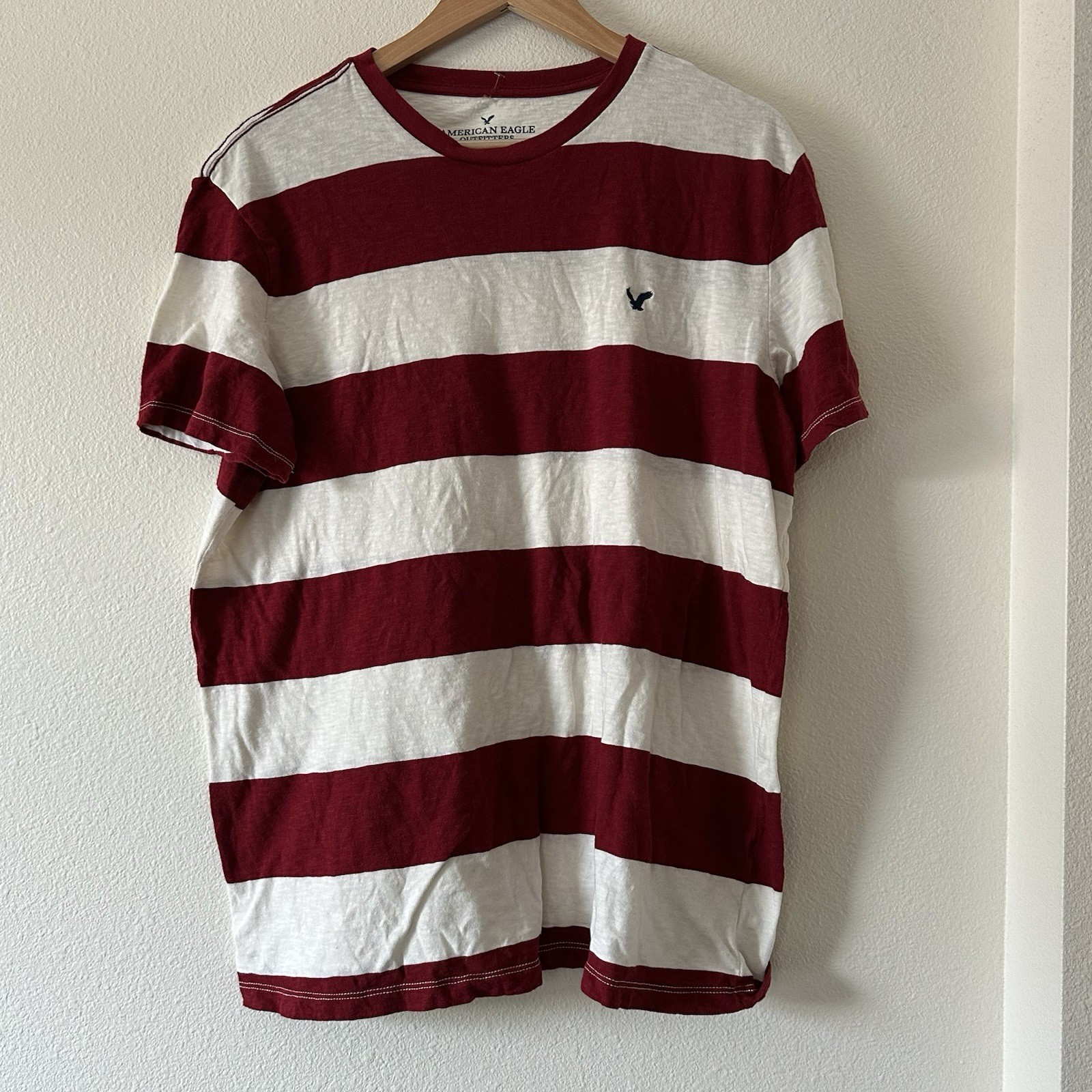 American Eagle Tee L Red White Rugby Block Stripe Eagle Logo Cotton Skater Tee