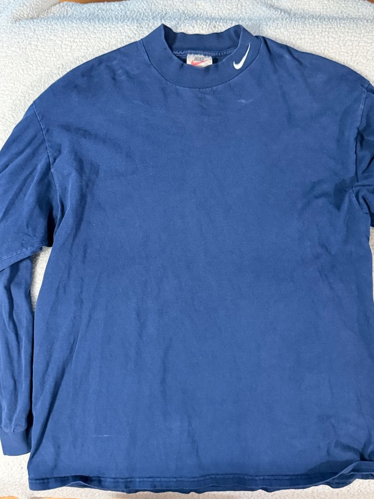 Vintage 90s Nike White Tag Navy Blue Mock Swoosh Long Sleeve Shirt gallery