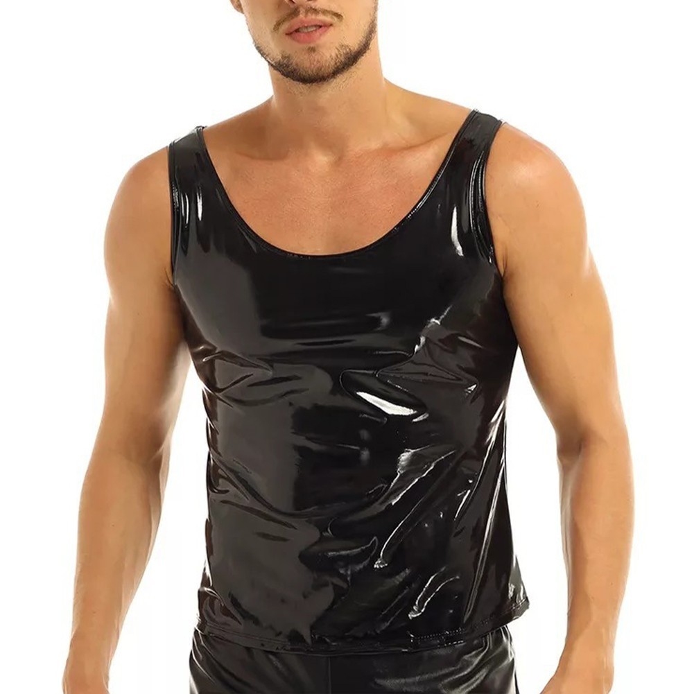 Men's Summer Style Black Wet Look Patent Leather Sleeveless Tank Top Vest gallery
