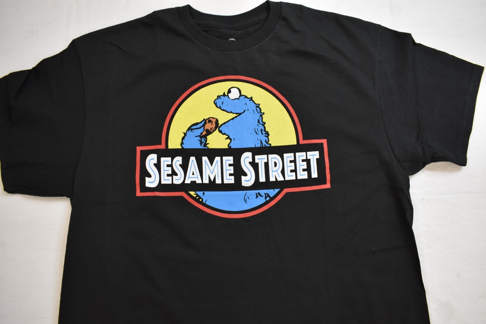 Sesame Street Mens Cookie Monster Cookie Dinosaur Park Funny Shirt NWT Large gallery