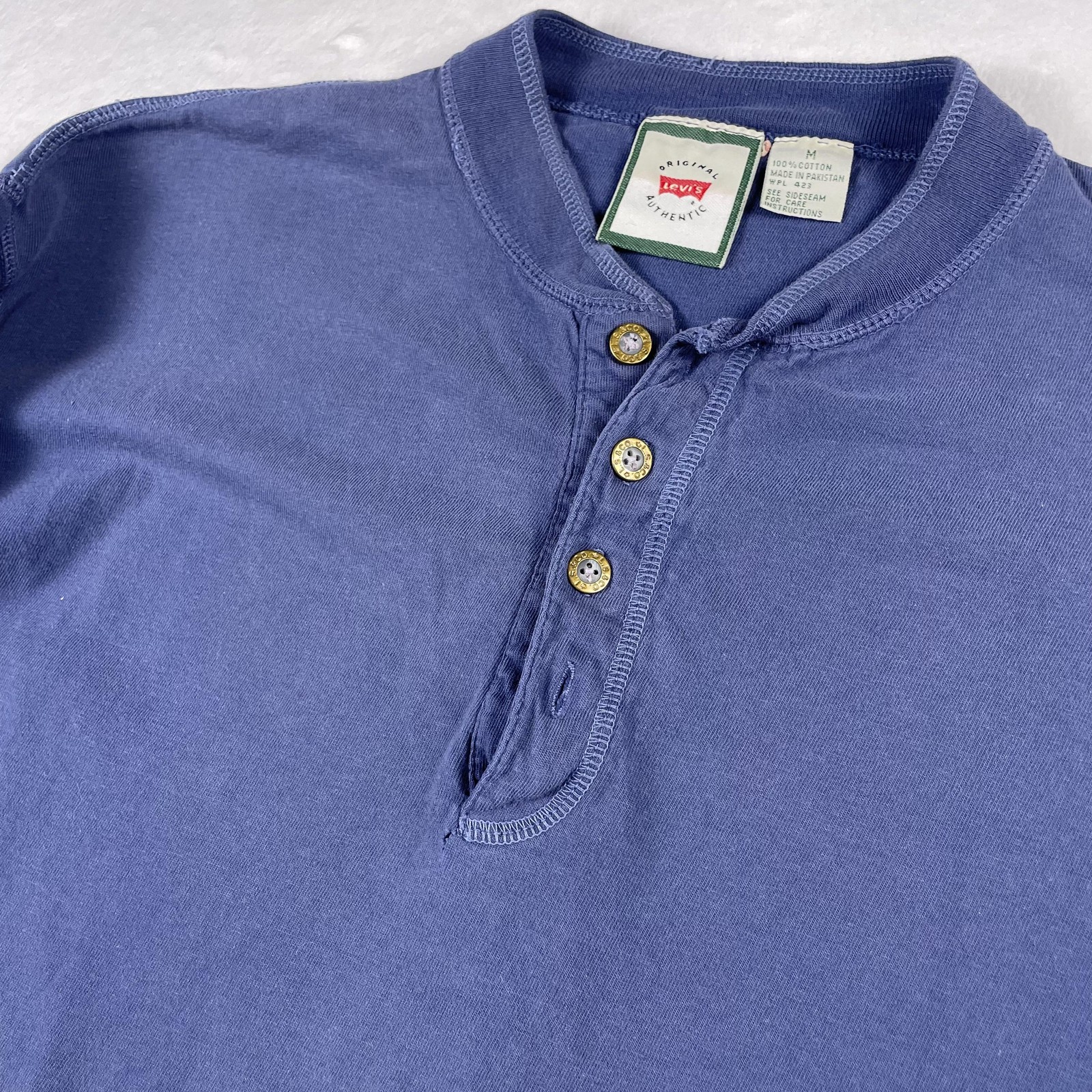 Vtg 90s Levis Shirt Mens M Blue Henley Long Sleeve Cotton Logo Patch Distressed gallery