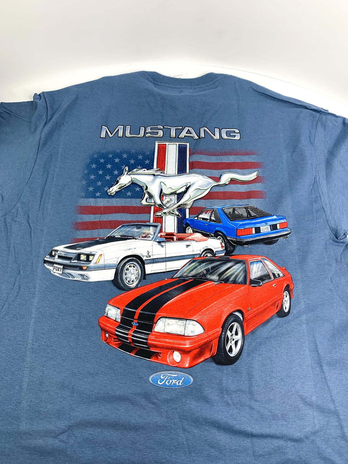 Ford Mustang T-Shirt - Blue w/ Fox Body Pony American Flag Logo (Licensed) gallery
