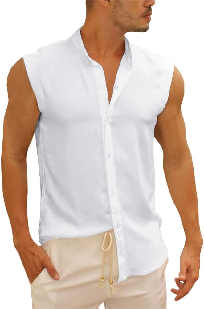 Mens Linen Cotton Sleeveless Button Down Shirt Summer Beach Casual Top gallery