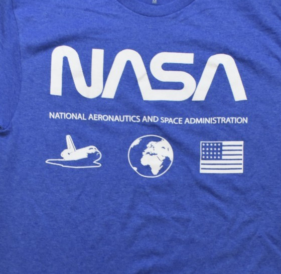 NASA Mens Space Shuttle, Earth, American Flag Icons Blue Shirt New Medium gallery