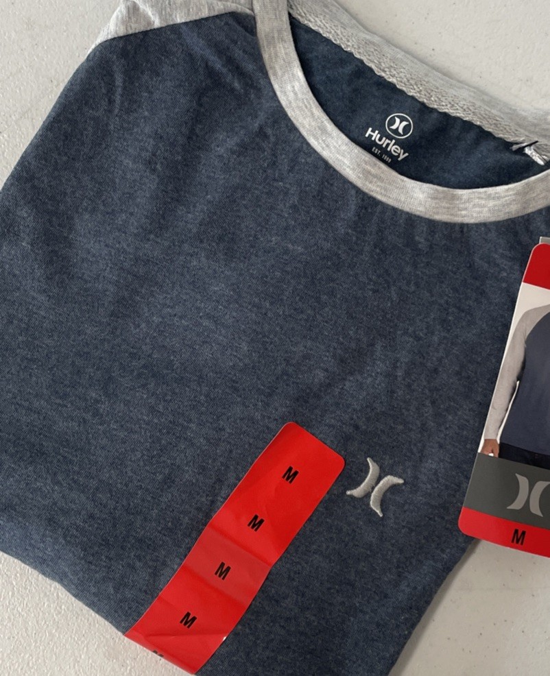 HURLEY Men's Raglan Tee Shirt Colorblock Long Sleeve Pullover BLUE/GRAY MEDIUM gallery