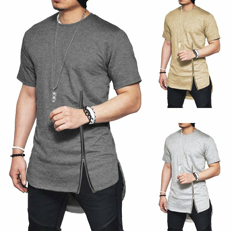 Men’s Cotton Short Sleeve Zipper T Shirt Hip Hop Solid Hipster Streetwear Tshirt