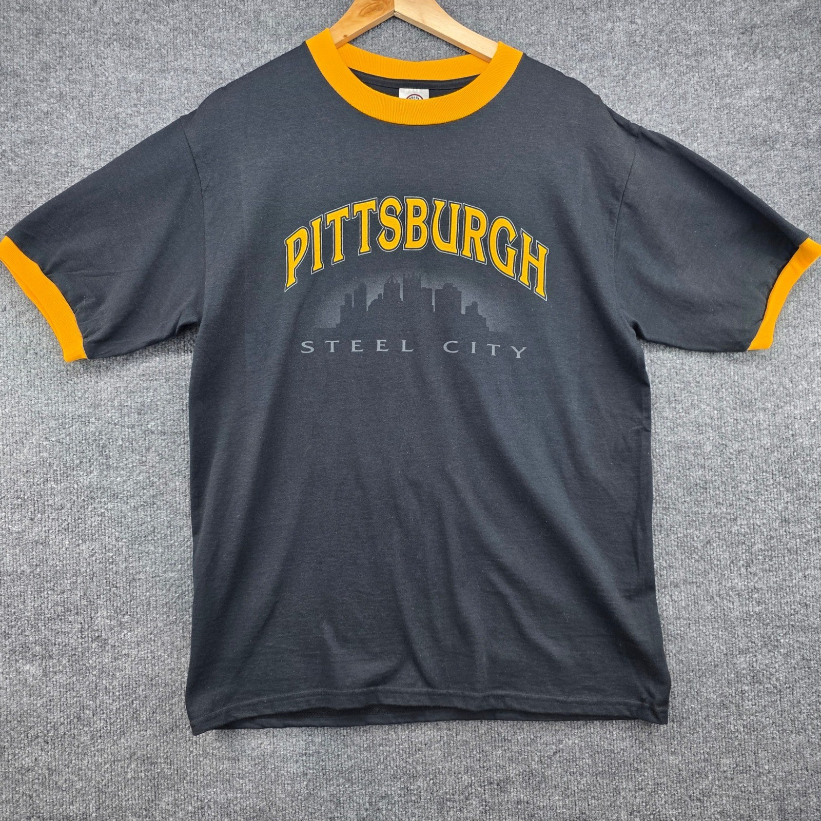 Vintage Delta Pro Weight Pittsburgh Steel City Ringer T-Shirt Black Yellow Mens gallery