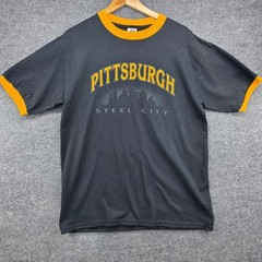 Vintage Delta Pro Weight Pittsburgh Steel City Ringer T-Shirt Black Yellow Mens