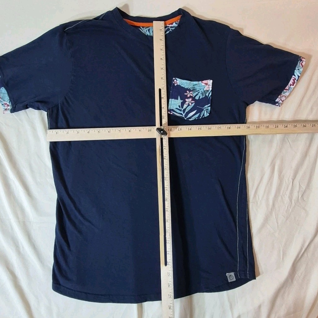 Mens Medium Navy Tee Floral Pocket Contrast Trim Cotton Shirt Casual gallery