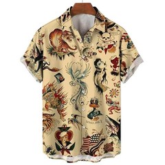 Mens Button Down Cream Rockabilly Pin Up Tattoo Flash Top Novelty Summer Shirt