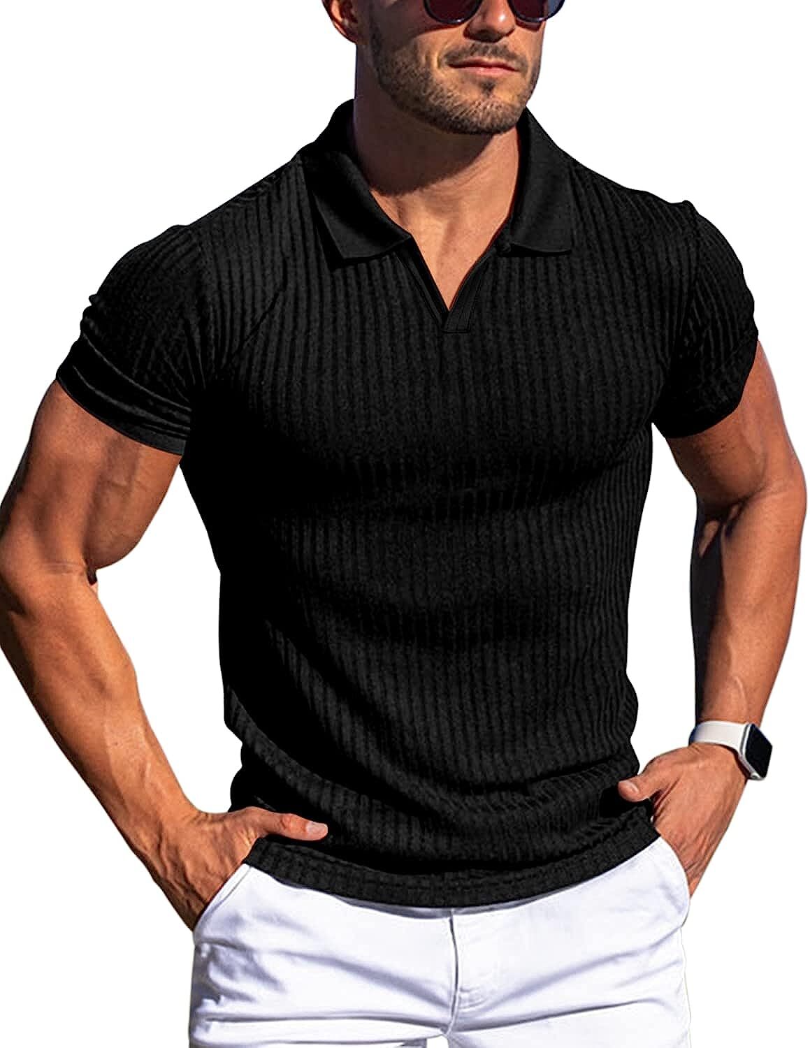 Men’s V Neck Polo Shirts Slim Fit Short Sleeve T-Shirts Ribbed Knit Soft Tees