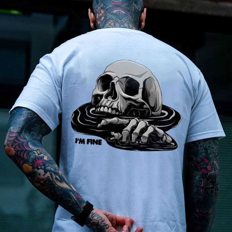 I'M FINE Drowning Skull Black Print T-Shirt Gift For Him gallery