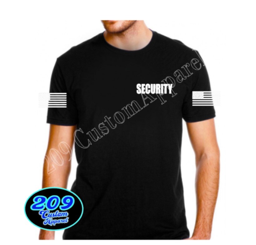 Security T-Shirt Black Tee Staff Club Event Uniform White DESIGN W/U.S Flag ARMS