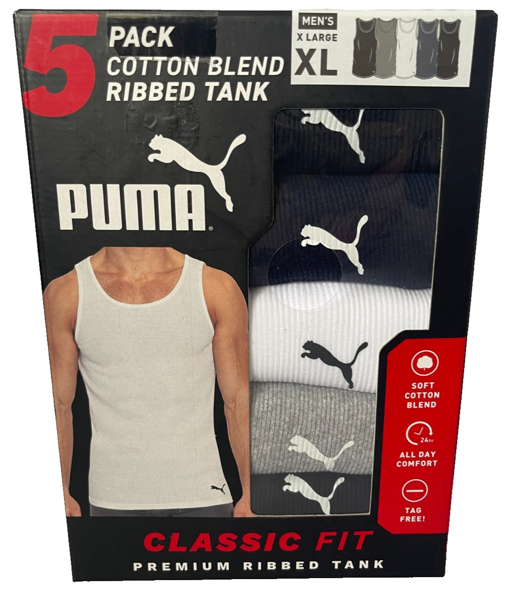 PUMA MEN’S RIBBED TANK PREMIUM Classic Fit COTTON BLEND ASSORTED 5 Pack XL NWT