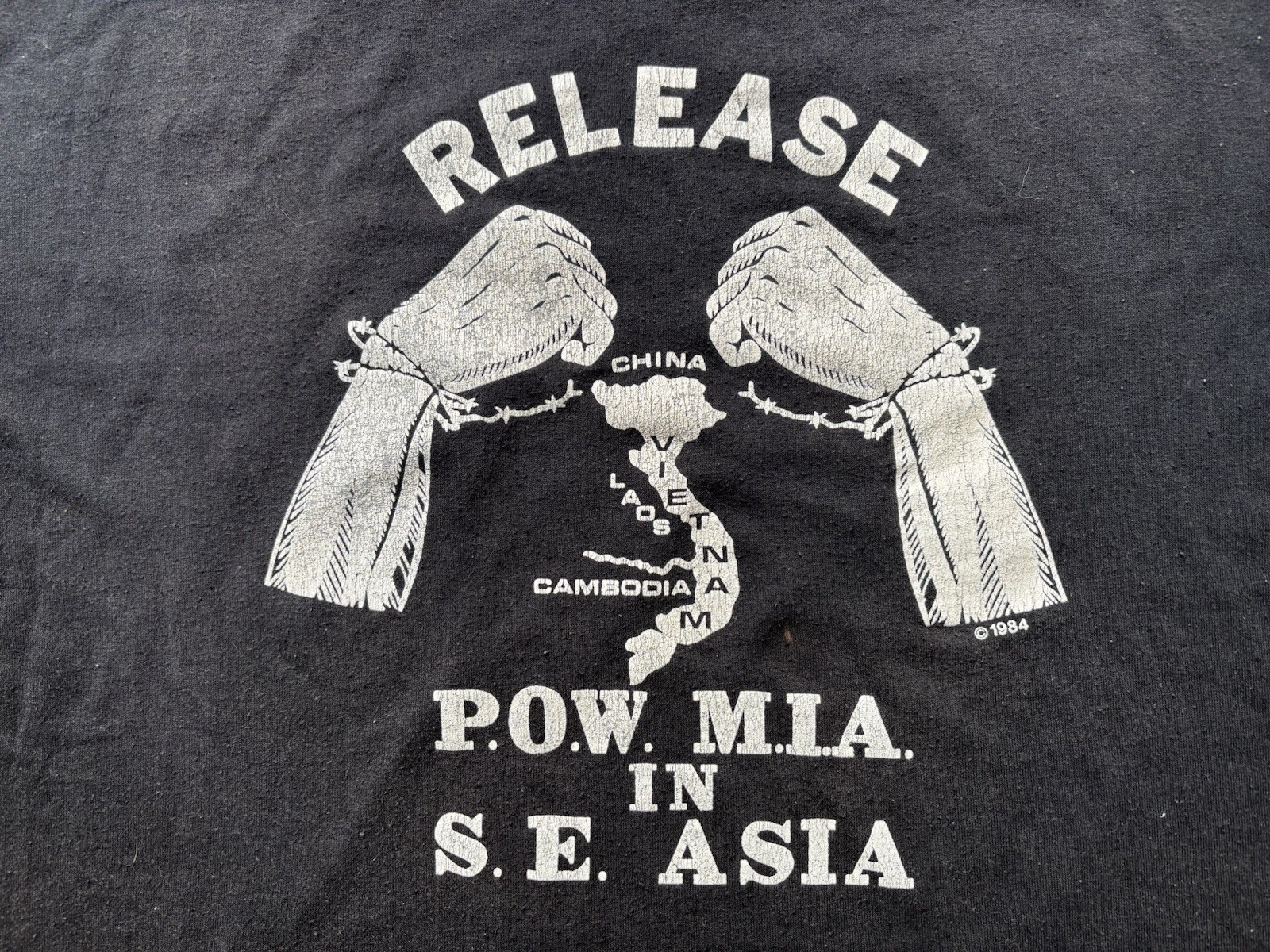 Vintage RELEASE POW-MIA in S.E. ASIA T-Shirt VIETNAM, CAMBODIA, LAOS, CHINA, BLK gallery