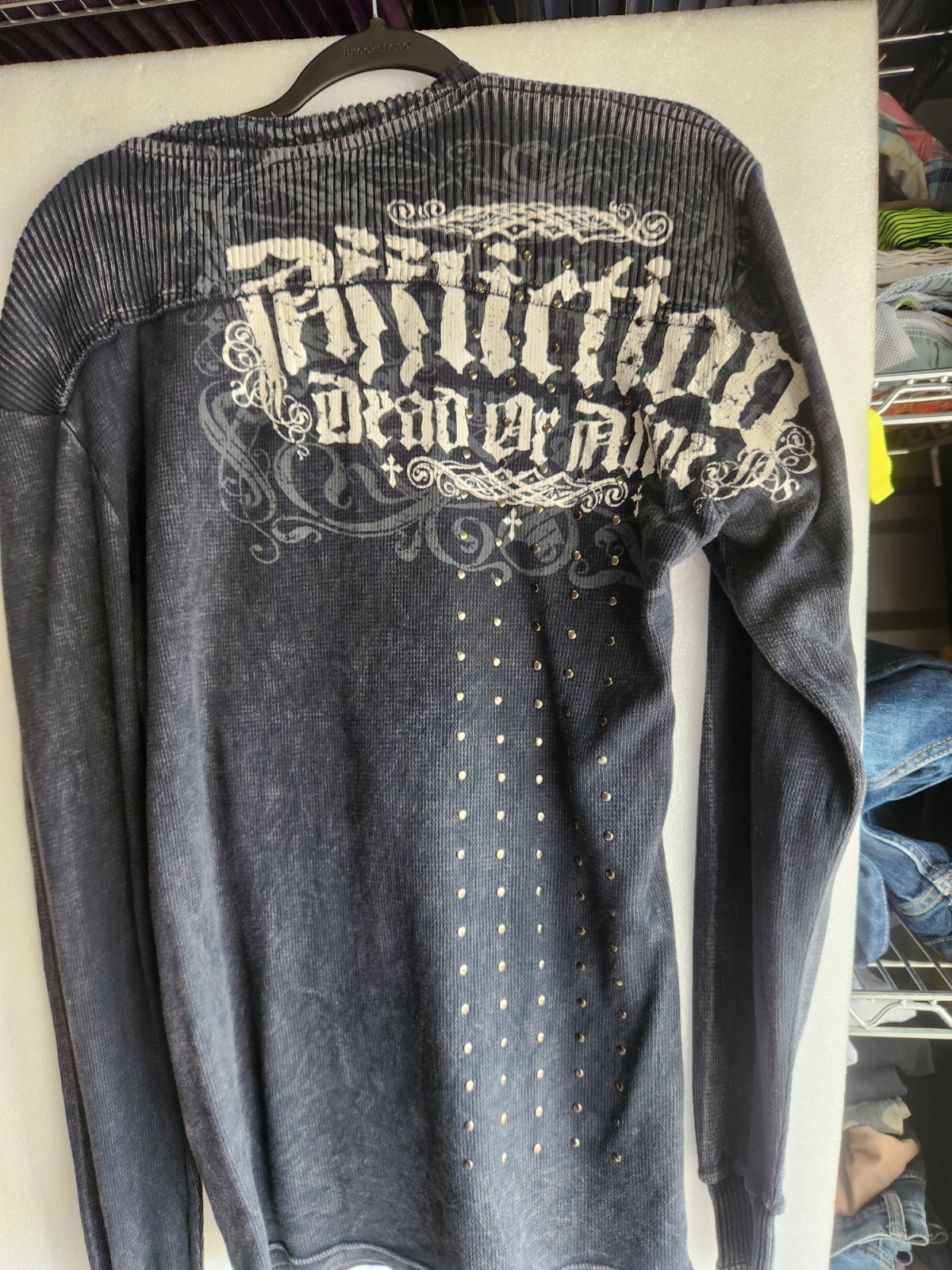 Affliction Dead or Alive Blue ThermalKnit Studded shirt Mens Sz L Biker Grunge gallery