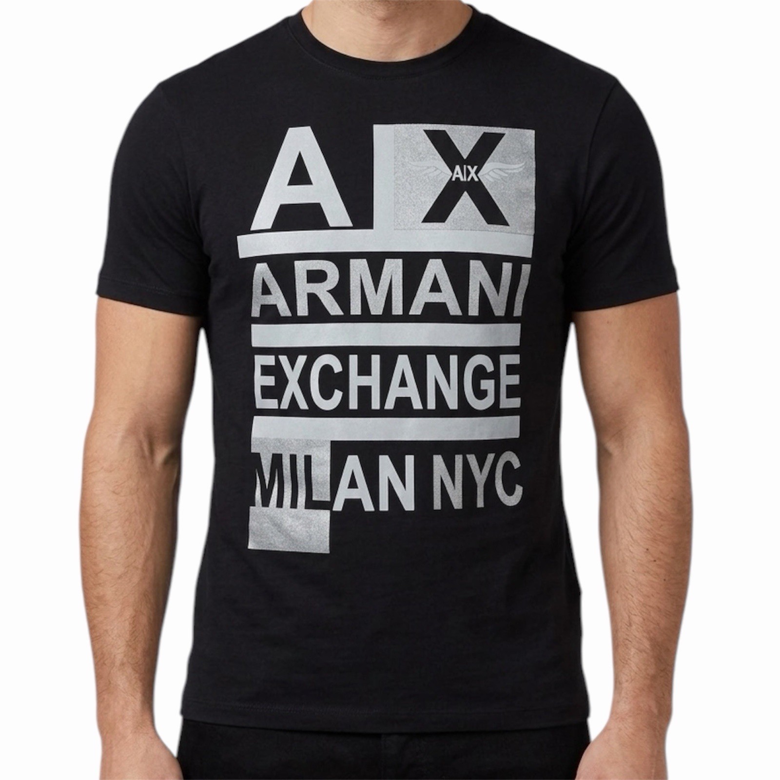 $50 ARMANI EXCHANGE Black STACKED Short Sleeve Slim Fit Designer T-shirt NWT gallery