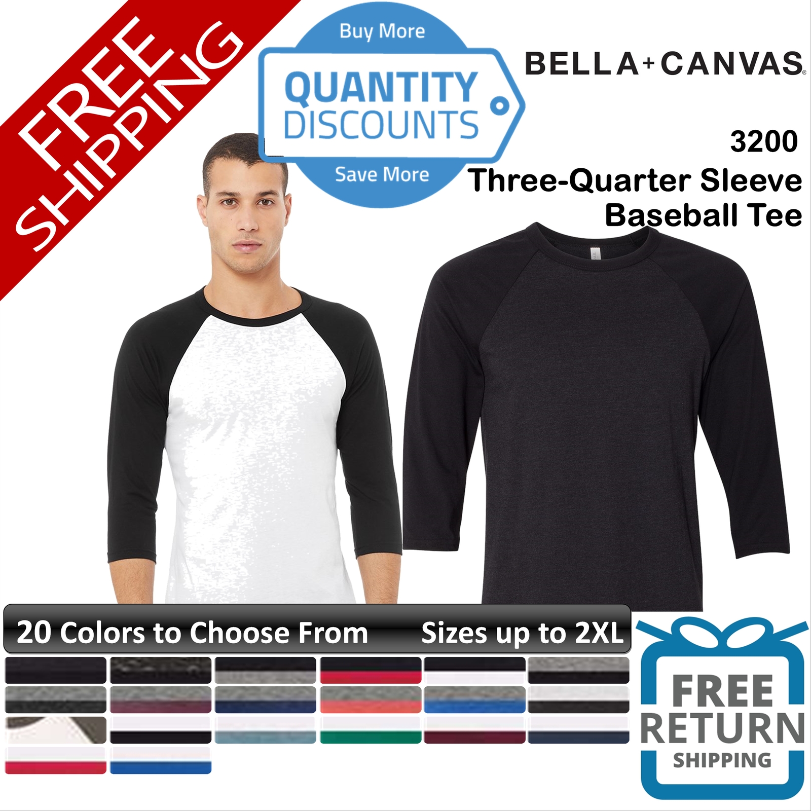 🔥 Bella + Canvas Men Three-quarter Sleeve Blend Baseball T Shirt Up To 2XL 3200 gallery