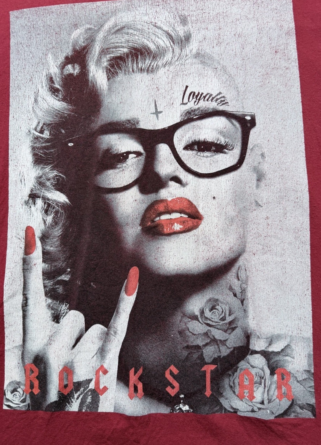 Y2K Rockstar XL Graphic Tee Red Edgy Tattoo Model Grunge Distressed Oversized gallery