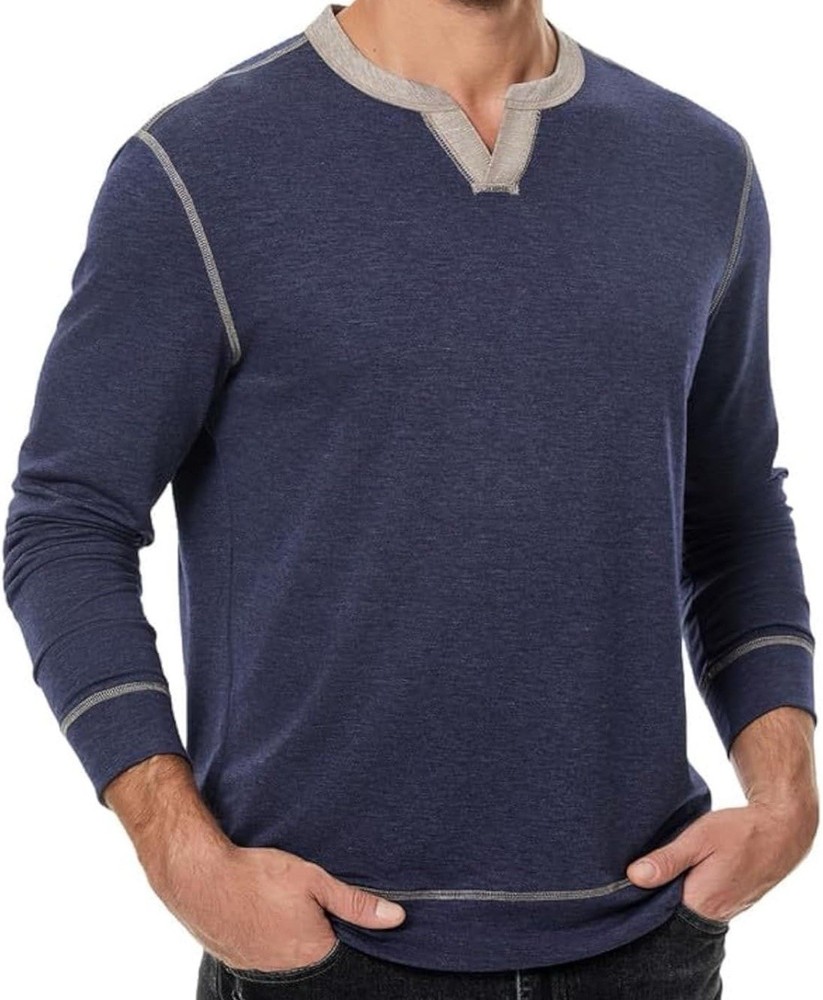 Men’s Henley Longsleeve Shirt Lightweight V Neck Pullover Navy Blue Size XL
