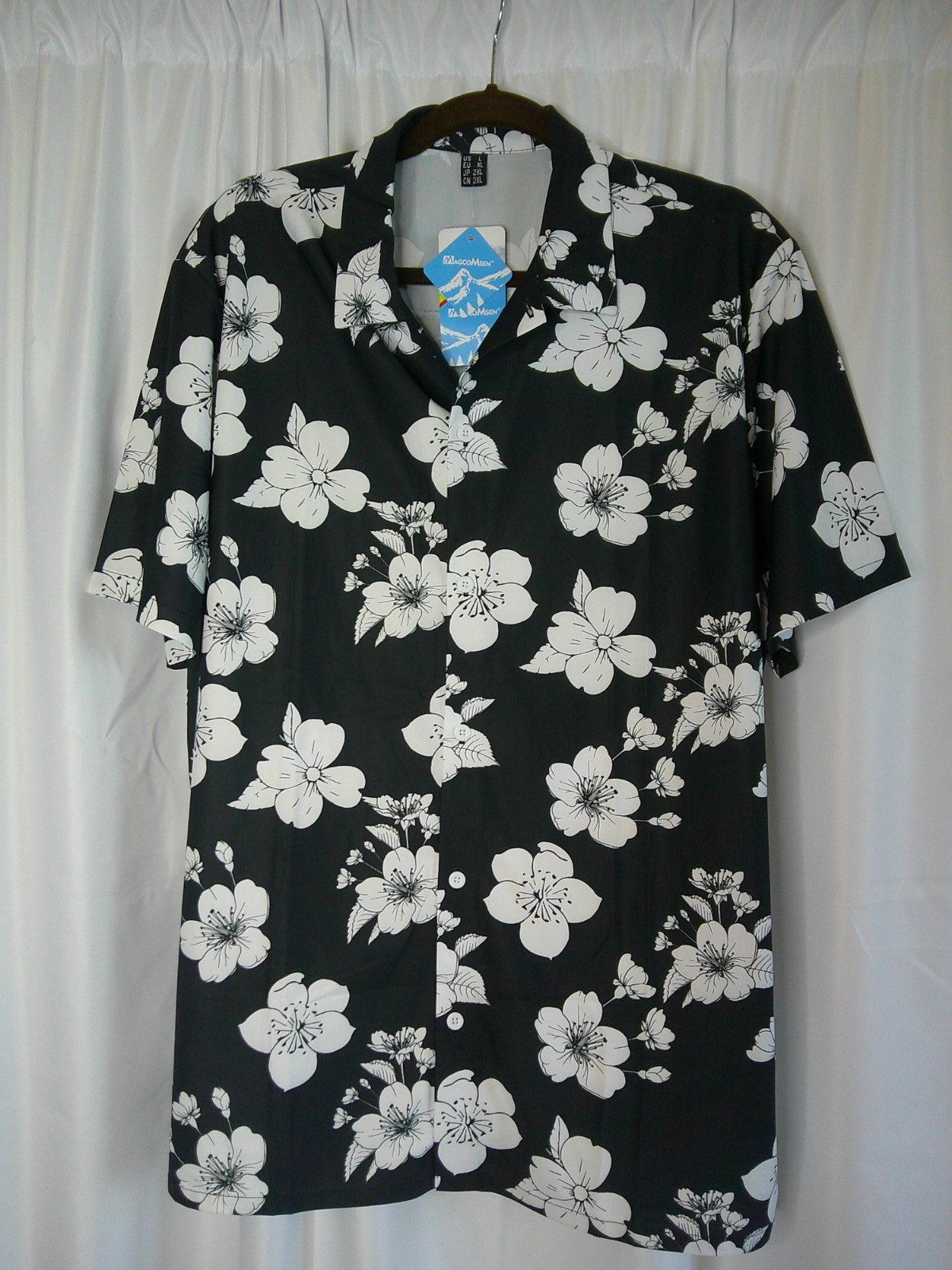 MAGCOMSEN Men's Hawaiian Floral Shirt Short Sleeve Large Black White gallery