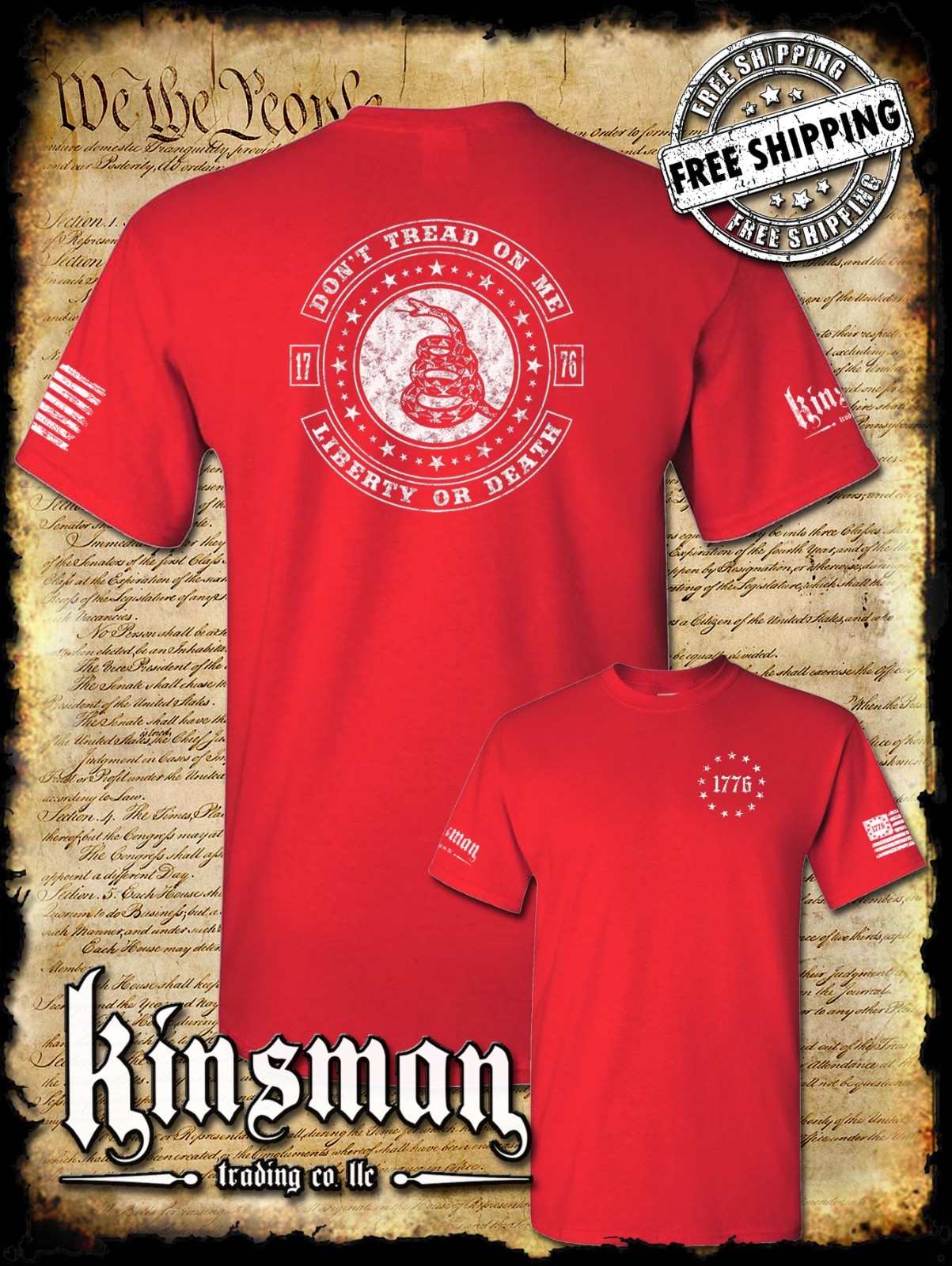 Don't Tread On Me LIBERTY or DEATH Rattlesnake 2-Sided T-Shirt 2nd Amendment USA gallery