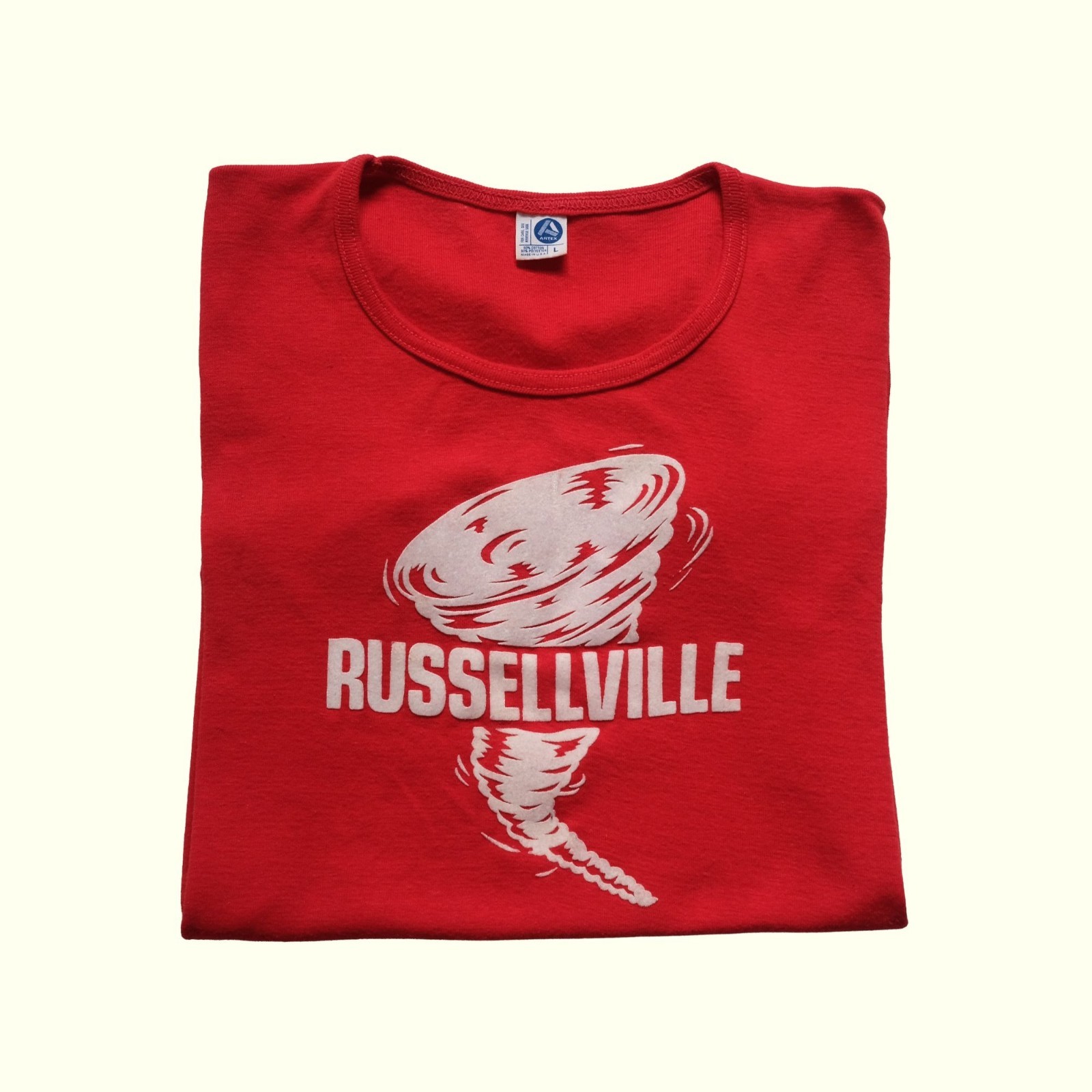 ARTEX 80s VTG USA MADE RUSSELLVILLE ARKANSAS TORNADO GRAPHIC RINGER T SHIRT L gallery